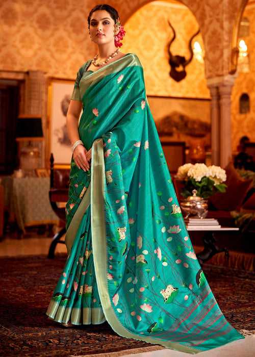Teal Green Woven Silk Saree With Kalamkari Fine Print