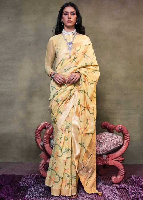 Vanilla Yellow Woven Banarasi Mulmul Cotton Jamdani Saree