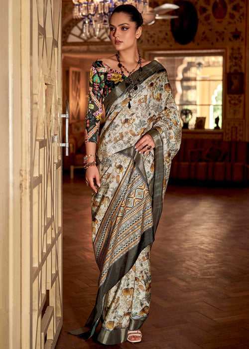 Blooming White Woven Silk Saree With Floral Print