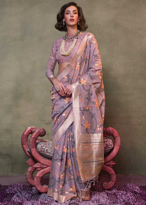 Phalsa Purple Woven Banarasi Mulmul Cotton Jamdani Saree