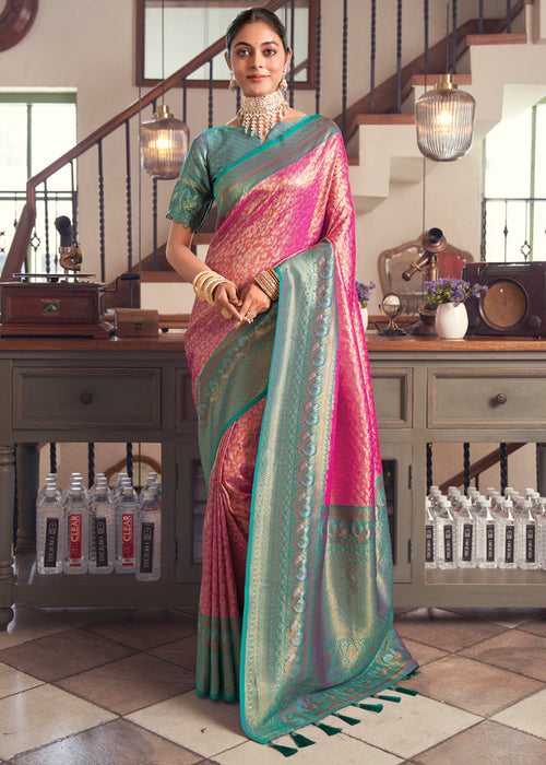 Rani Pink Woven Kanjivaram Silk Saree