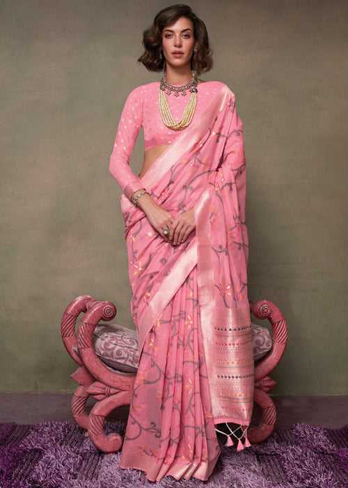 Beautiful Pink Woven Banarasi Mulmul Cotton Jamdani Saree