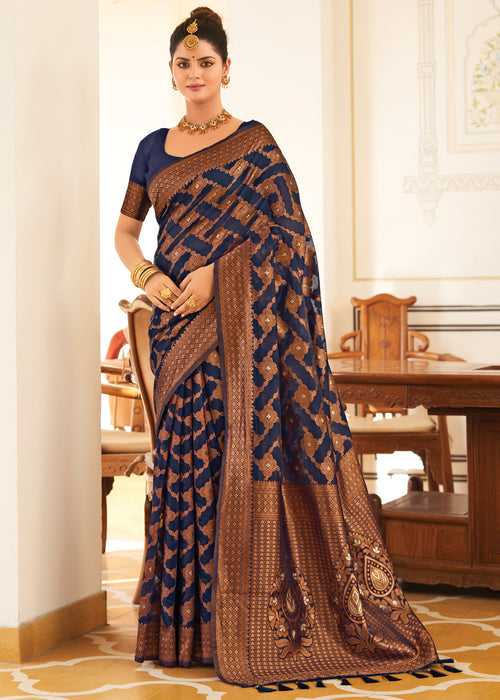 Navy Blue Woven Banarasi Cotton Silk Saree