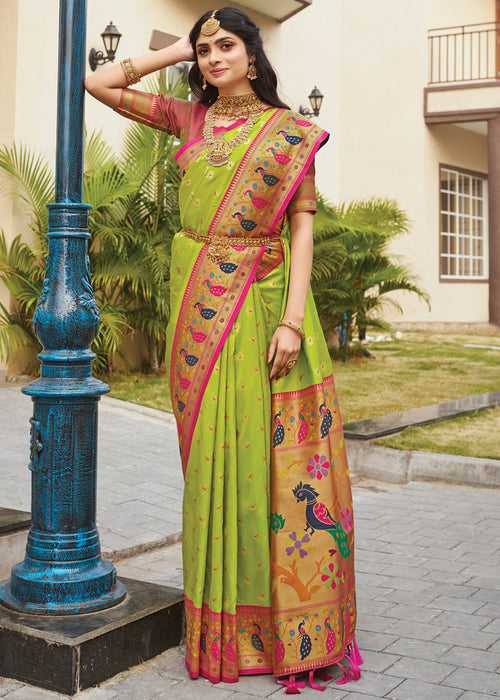 Glow Green Woven Paithani Soft Silk Saree