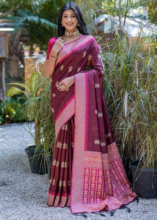 Wine Maroon Woven Raw Silk Saree With Contrast Blouse