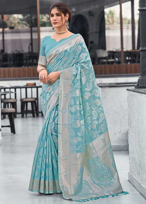 Soft Blue Woven Banarasi Silk Saree
