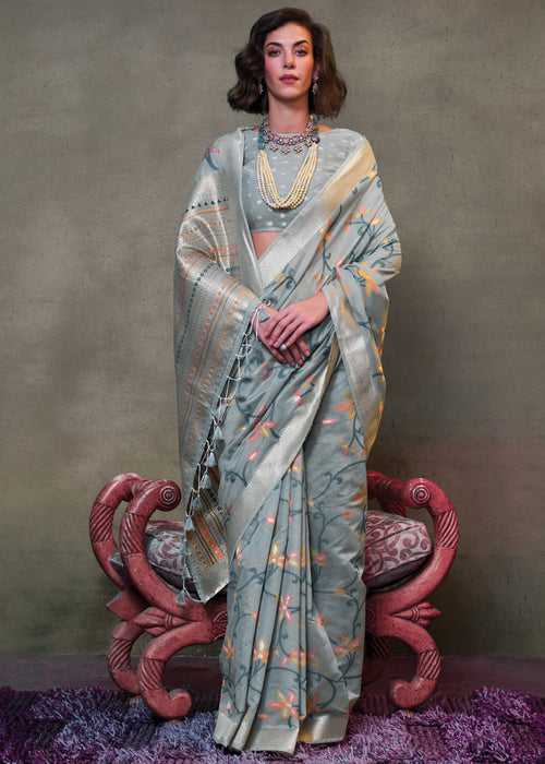 Silver Grey Woven Banarasi Mulmul Cotton Jamdani Saree