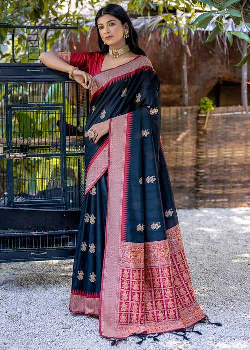 Deep Black Woven Raw Silk Saree With Contrast Blouse