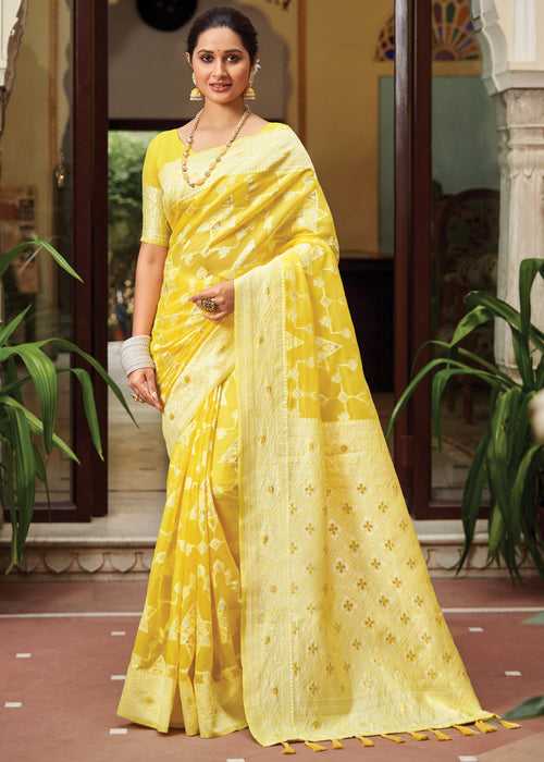 Blazing Yellow Woven Lucknowi Linen Silk Saree