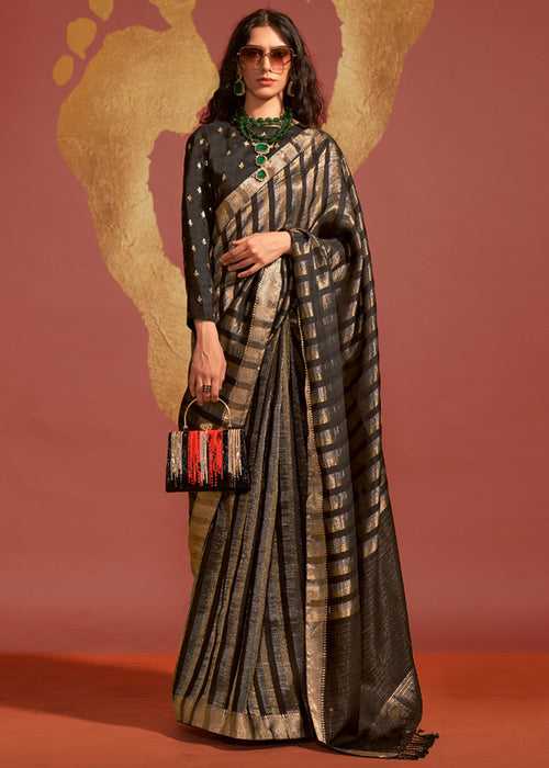 Black And Gold Woven Banarasi Soft Silk Saree