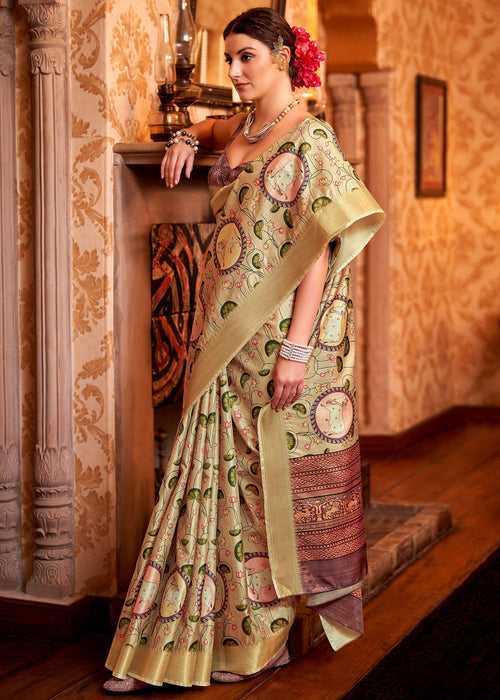 Golden Beige Woven Silk Saree With Kalamkari Fine Print