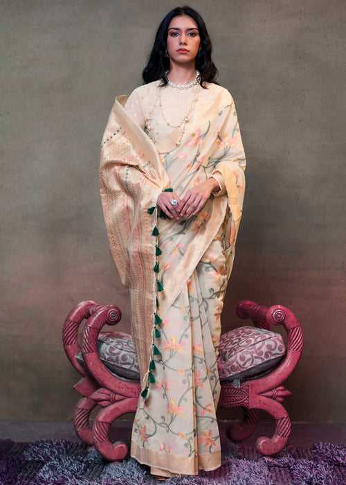 Pearl Off White Woven Banarasi Mulmul Cotton Jamdani Saree