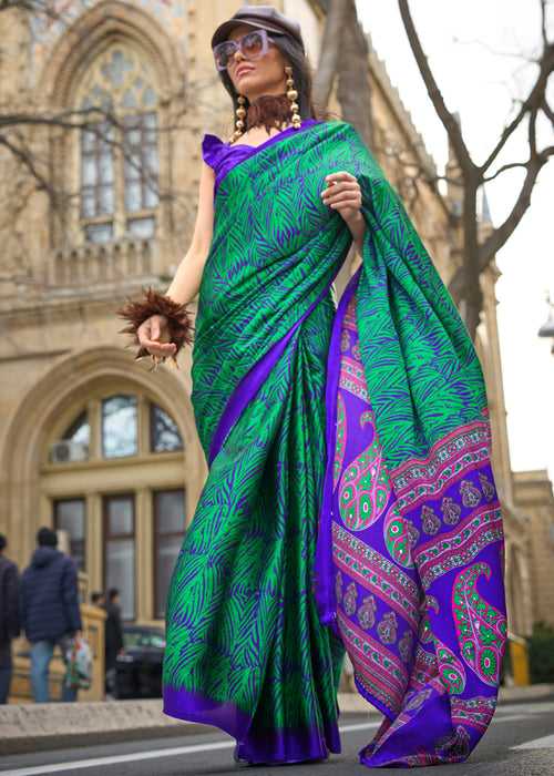 Peacock Blue And Green Satin Crepe Printed Saree