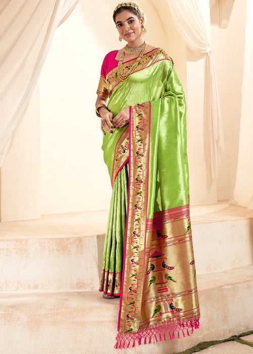 Parrot Green Woven Paithani Tissue Silk Saree