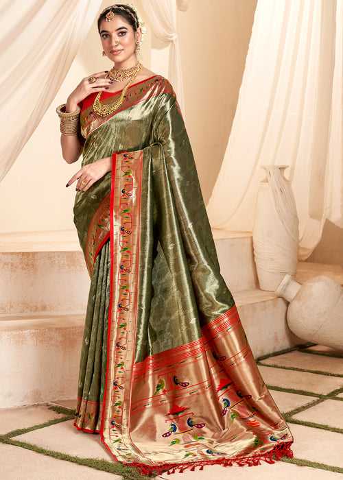 Olive Green Woven Paithani Tissue Silk Saree