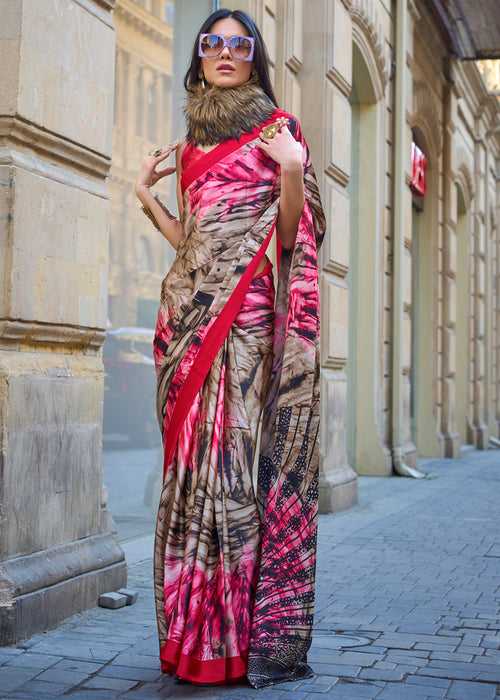 Brown And Pink Satin Crepe Printed Saree