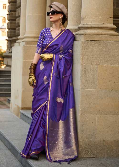 Beautiful Purple Woven Banarasi Satin Silk Saree With Brocade Blouse
