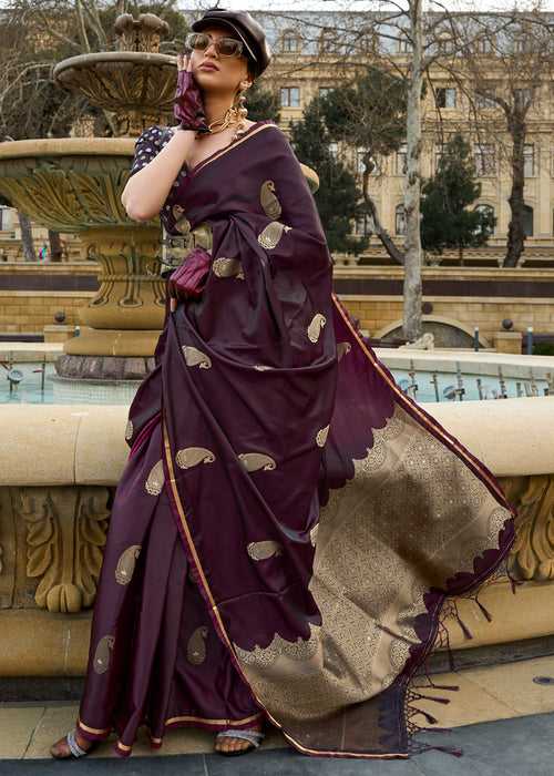 Wine Purple Woven Banarasi Satin Silk Saree With Brocade Blouse