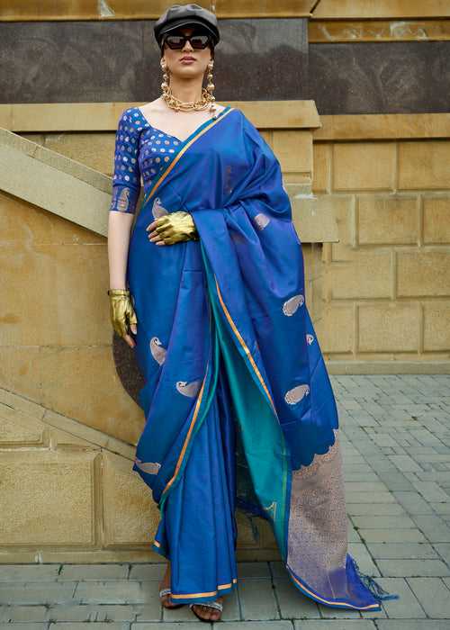 Royal Blue Woven Banarasi Satin Silk Saree With Brocade Blouse