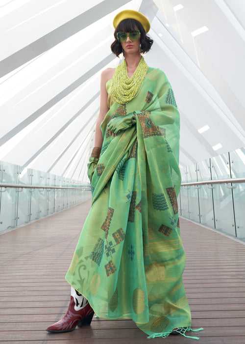 Light Green Woven Linen Silk Saree With Print