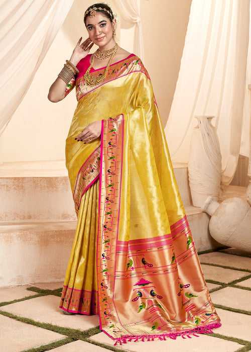 Butterfly Yellow Woven Paithani Tissue Silk Saree