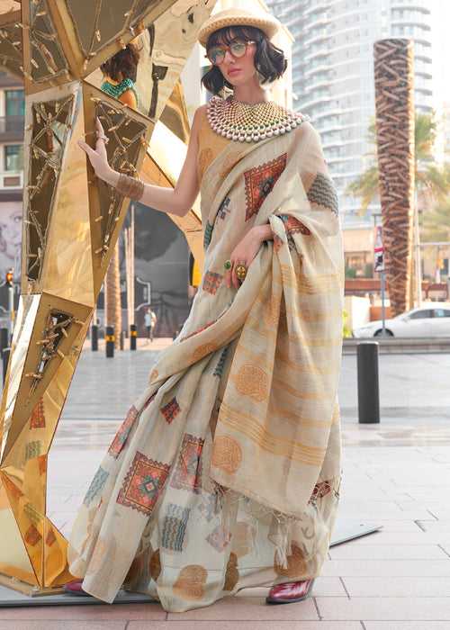 Silver Grey Woven Linen Silk Saree With Print