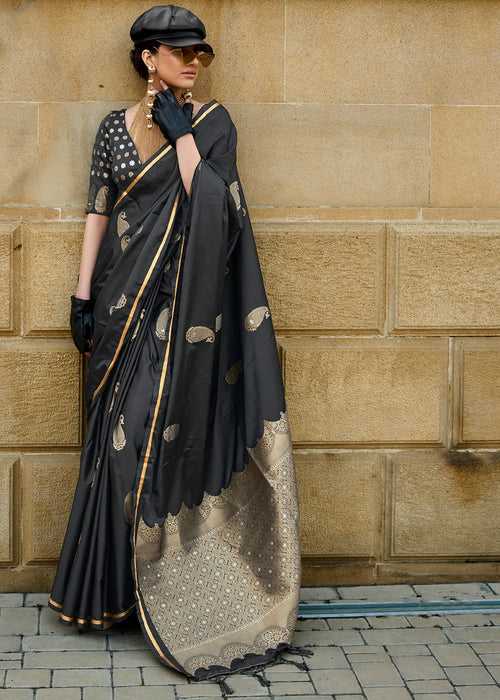 Black Woven Banarasi Satin Silk Saree With Brocade Blouse