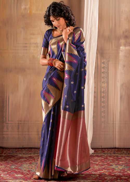 Navy Blue Woven Banarasi Silk Saree