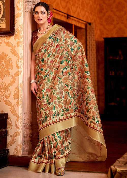 Brown Beige Woven Silk Saree With Kalamkari Fine Print