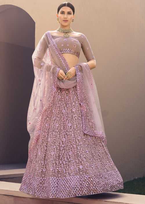 "Special Price" : Lavender Purple Designer Embroidered Lehenga With Blouse And Dupatta