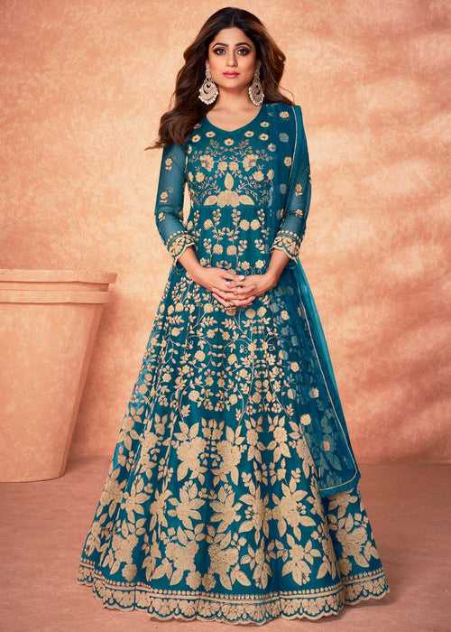 "Special Price"  Blue Heavy Embroidered Unstitched Anarkali