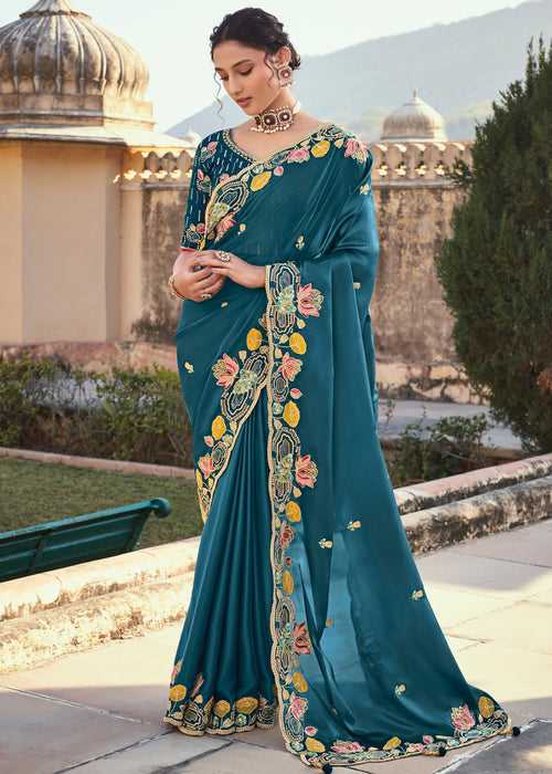 Rama Blue Haevy Embroibered Organza Silk Designer Saree