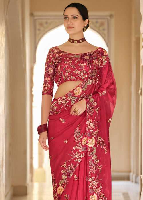 "Special Price" :Ruby Red Organza Silk Designer Saree
