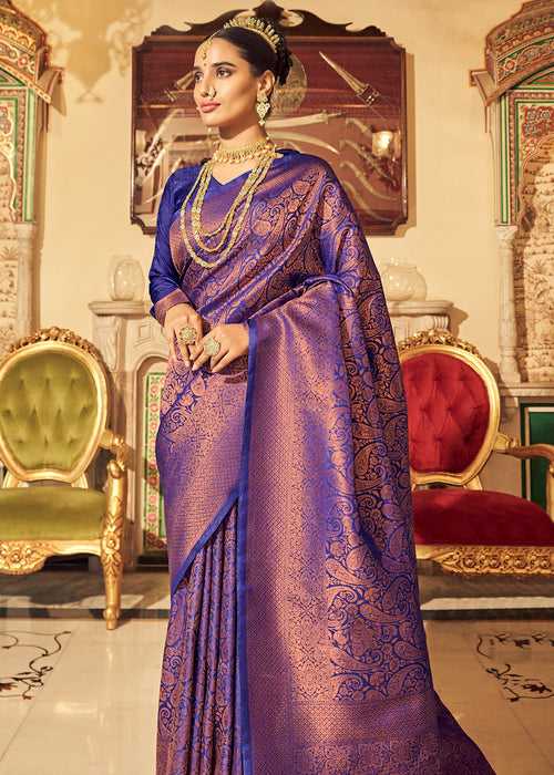 Stunning Royal Blue Woven Kanjivaram Silk Saree With Zari