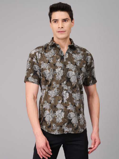 Men Coffee Brown Floral Print Casual Shirt (GBMKPR710H)