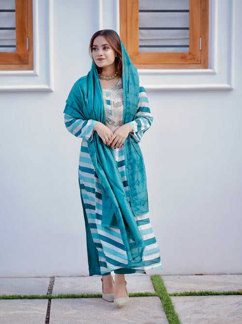 Green and White Stripes Ethnic Salwar with Palazzos and Dupatta (GBTWSH1002)