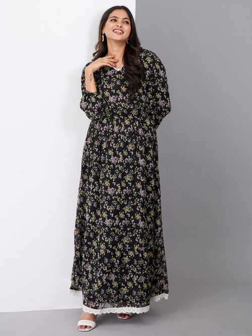 Black Floral Print Maxi Dress (GBKU5234)