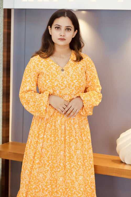 Yellow Floral Print Women Dress (GBP2064)