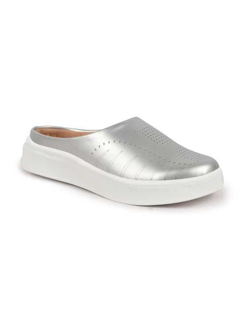 Women Silver Perforated Laser Cut Classic Back Open Slip On Mules Shoes|Work|Casual|Loafer Shoes|Comfort