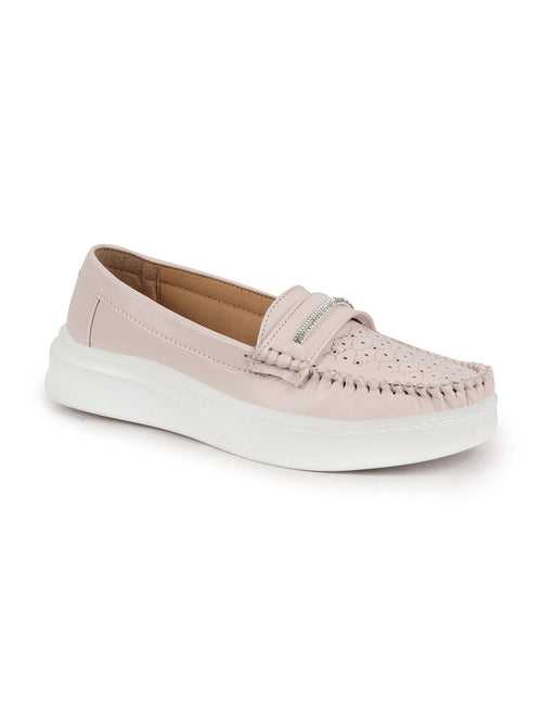 Women Cream Perforated Laser Cut Stitched Height Enhancer Slip On Loafer|Work|Classic|Slip On Shoes|Office Wear