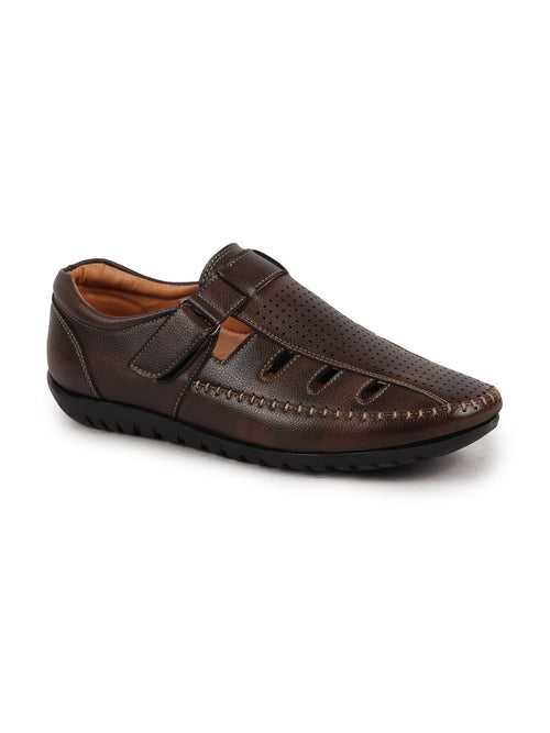 Men Brown Laser Cut Perforated Shoe Style Roman Sandal|Adujstable Hook & Loop Stitched Pull On Sandal