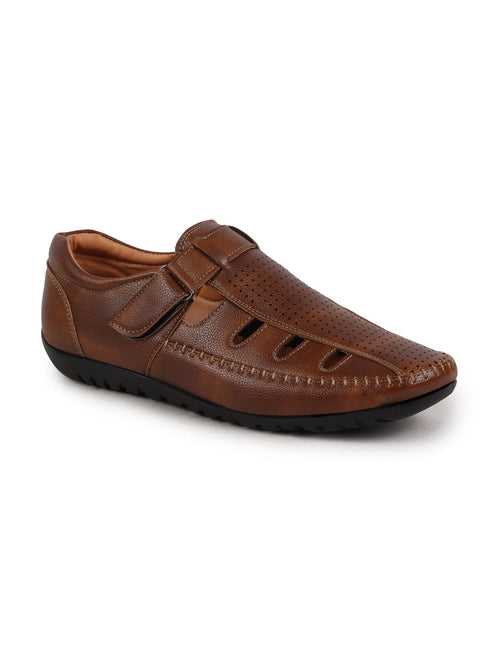 Men Tan Laser Cut Perforated Shoe Style Roman Sandal|Adujstable Hook & Loop Stitched Pull On Sandal