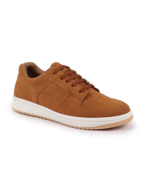 Men Tan Classic Lace Up Low Ankle Breathable Sneaker Shoe|Contrast With White Sole Casual Shoe Sneaker