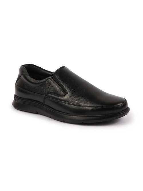 Men Black Genuine Burnish Leather Formal Dress Slip On Flat Heel Shoes For Office|Work|Loafer|Half Shoes|Cut Shoe