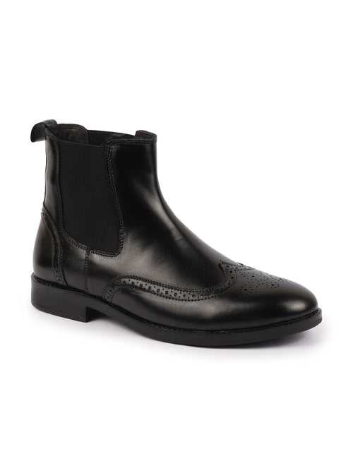 Men Black Genuine Leather Brogue High Ankle Slip On Chelsea Boots|Tuxedo Shoes