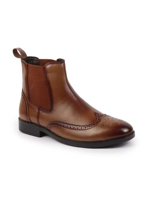 Men Tan Genuine Leather Brogue High Ankle Slip On Chelsea Boots|Tuxedo Shoes