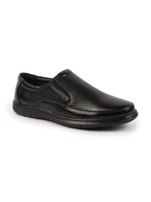 Men Black Genuine Leather Textured Formal Slip On Flat Heel Shoes For Office|Work|Broad Feet Formal Shoes