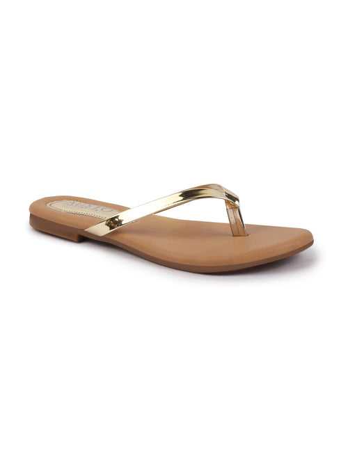 Women Gold Shiny Sleek T-Strap Slipper With Cushioned Footbed|Flat Slipper For Party|Office Wear|Weekend