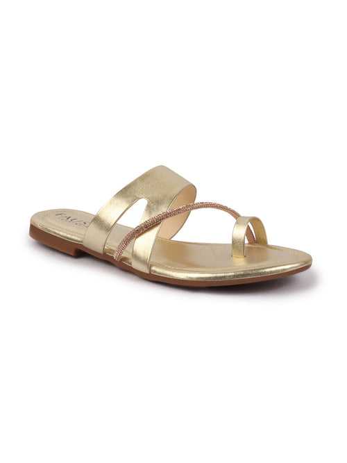 Women Gold Glossy Toe Ring Elastic Cross Strap Ethnic Slipper With Cushioned Footbed|Flat Slipper For Party|Festive|Wedding