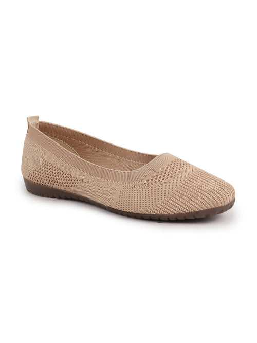 Women Cream Athleisure Active Wear Knitted Soft Fabric Slip On Flat Ballerina Shoes For Walking